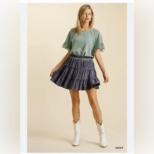 Boutique Easel Chambray Blue Tiered Ruffle Mini Boho Skirt Size S